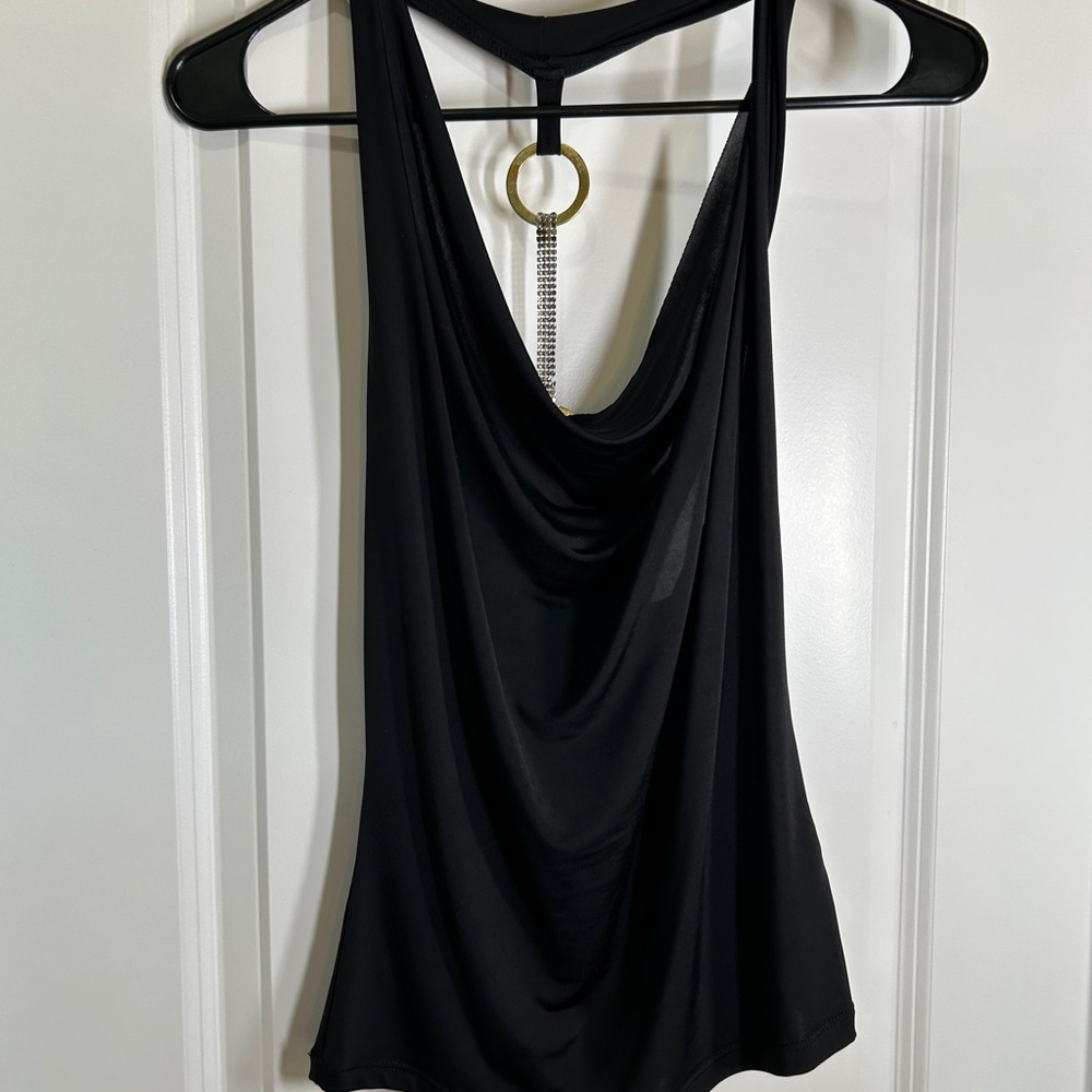 Black Draped Tank Top with Gold Ring Detail